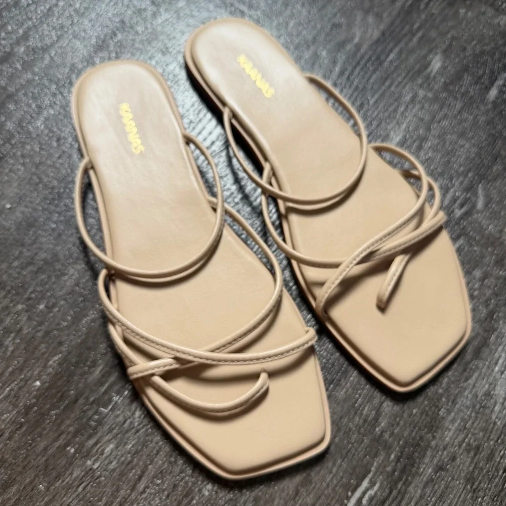 KAANAS Strappy Slide Sandals Women 9M Beige Square Toe Loop Flat Brazil Minimal
